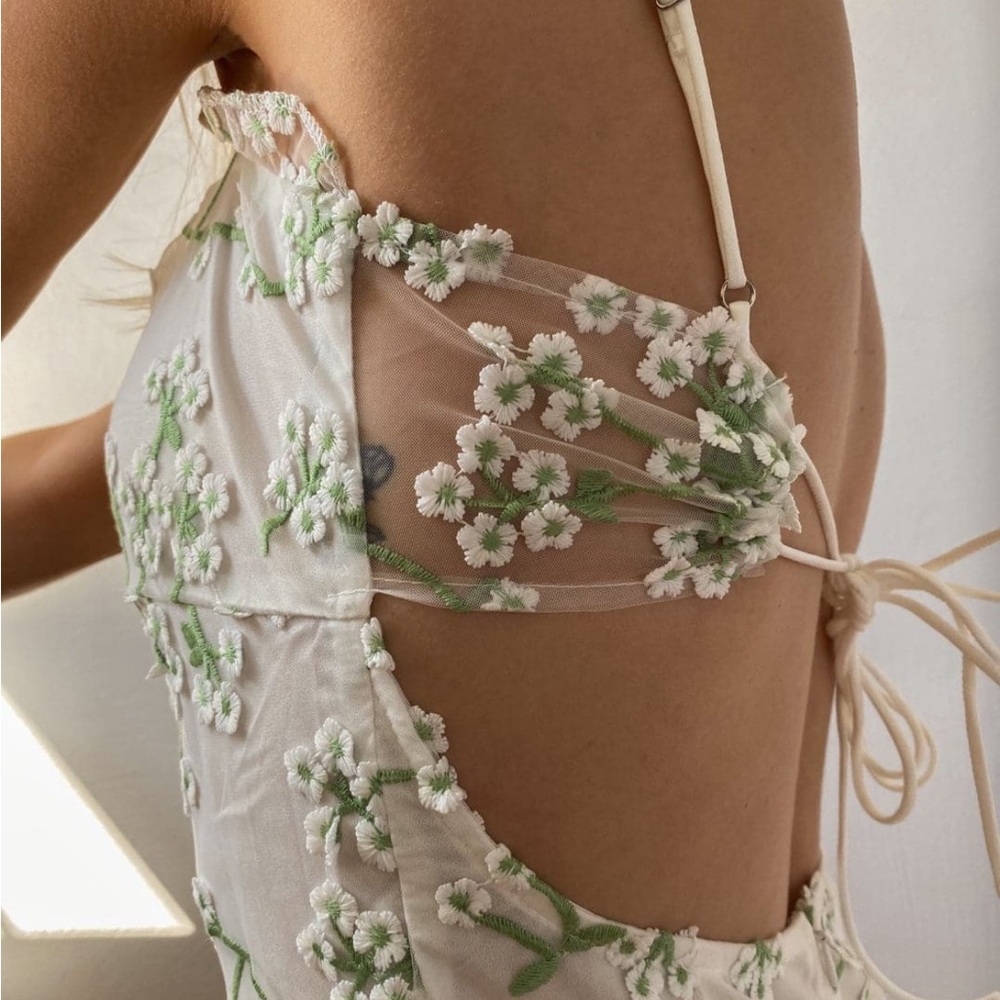 12th Tribe Cream and Green Floral Lace Dress